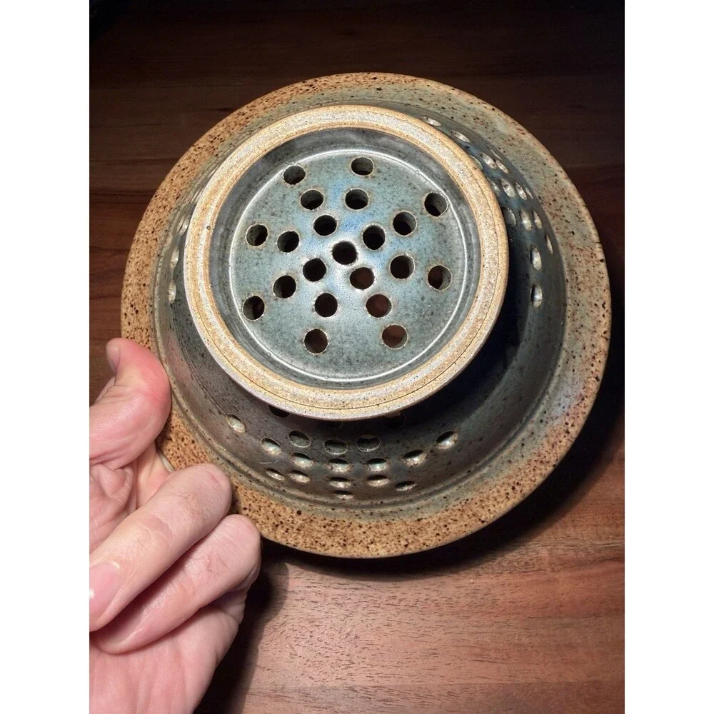 Paul Latos signed Speckled Ceramic Colander Berry Bowl, Tan/Blue, 8 in Diameter